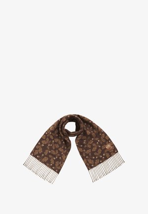 Brun tørklæde med et bladmønster i guld, med frynser i enderne. Blød tekstur og rektangulær form, der fremhæver elegante detaljer.