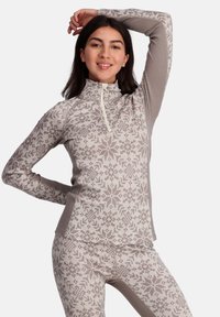 Lichtgrijze thermotop met patroon en een half-zip kraag, met abstracte ontwerpen in donkerdere tinten. Zachte, geribbelde textuur en slim fit.