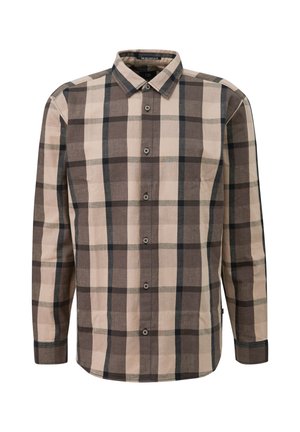 Srajca z dolgimi rokavi, s kontaskanimi gumbi, v bež, rjavi in črni karo vzorcu, s klasičnim ovratnikom.