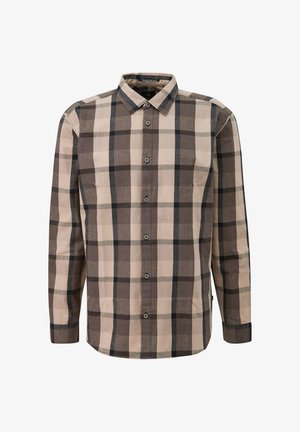 Ilgų rankovių marškiniai su smėlio, rudos ir juodos spalvos languotu raštu bei klasikinėmis apykaklėmis.