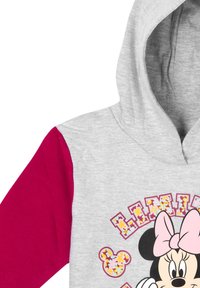 Felpa con cappuccio di colore grigio con maniche fucsia. Presenta un design floreale attorno al viso di un personaggio dei cartoni animati con un fiocco rosa.