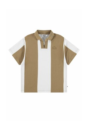 Kortærmet poloshirt med brede lodrette beige og hvide striber og åben krave.