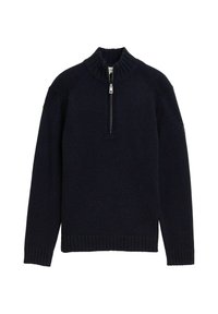 Marineblauer Strickpullover mit hohem Kragen, halbzipper Vorderseite, gerippten Bündchen und Saum. Mit strukturierten Nähten entlang der Schultern.