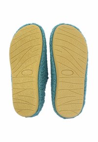 Turquoise slippers met een zachte, textuurstof op de zolen. Levendige kleur met een gele rubberen grippatroon voor extra houvast. Maat 38 gemarkeerd op de zool.