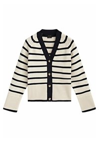 Kremowy kardigan w granatowe paski, o teksturowanym splocie, z prążkowanymi mankietami i dołem, dekoltem w kształcie litery V oraz ośmioma okrągłymi guzikami z przodu.