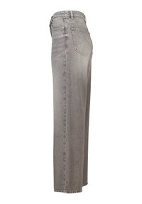 Jeans en denim gris avec une coupe décontractée, taille haute et jambe droite. Dispose d'un style classique à cinq poches et de légers détails de décoloration.