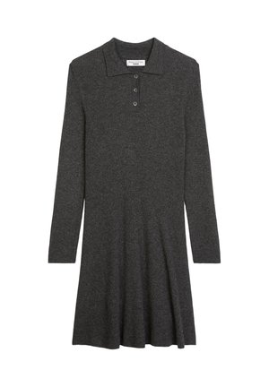 Dark gray, ribbed knit dress with a collared neckline, three-button placket, and long sleeves, flaring out gently at the hem.