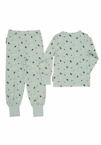 Ljusblått pyjamasset med långärmar och elastiska muddar, dekorerat med ett mönster av bin, moln och färgglada fjärilar.