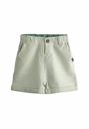 Shorts pour tout-petit à rayures vert clair et blanc avec fermeture à bouton, taille élastique, poches latérales et ourlets retroussés.