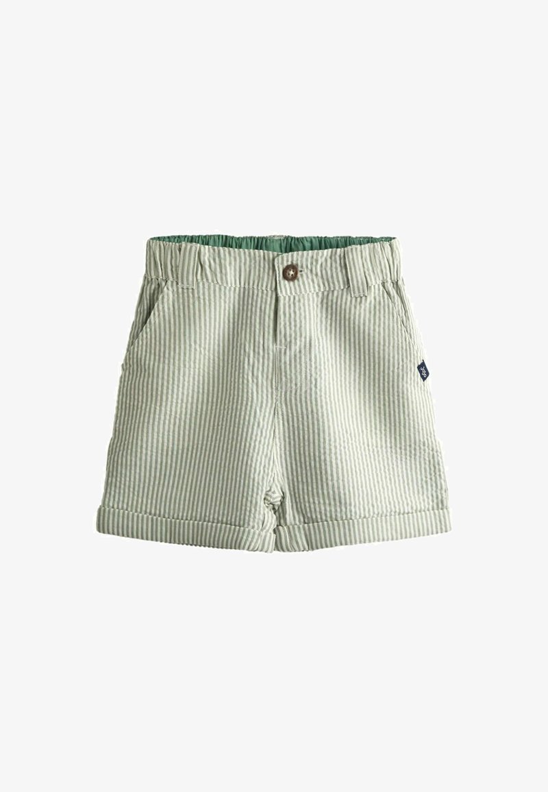 Lichtgroene en witte gestreepte peutershorts met knoopsluiting, elastische tailleband, zijzakken en omgeslagen zomen.