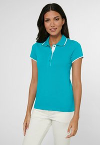 Turquoise polo shirt met een kraag, placket met twee knopen en witte afwerking op de mouwen. Gladde textuur en slim fit ontwerp.