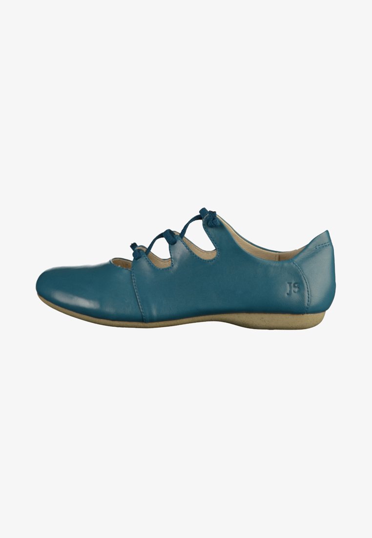Blaue Leder-Ballerinas mit runder Spitze, drei dekorativen Bindebändern vorne und einer niedrigen, flexiblen Sohle. Glatte Textur, minimalistische Gestaltung.