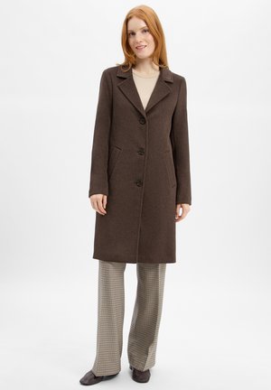 Brown wool coat with a notched collar, five-button front, and side pockets. Paired with patterned wide-leg pants and dark shoes.