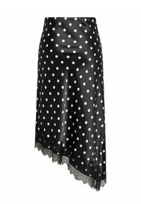 Jupe en satin noir à pois blancs, ourlet asymétrique et bordure en dentelle noire le long du bas.