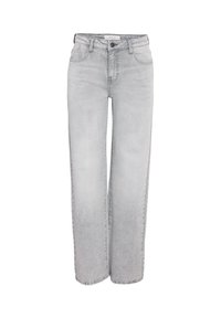 Jean droit gris clair taille haute avec fermeture à bouton et zip à l'avant, poches avant et arrière, et passants pour ceinture.