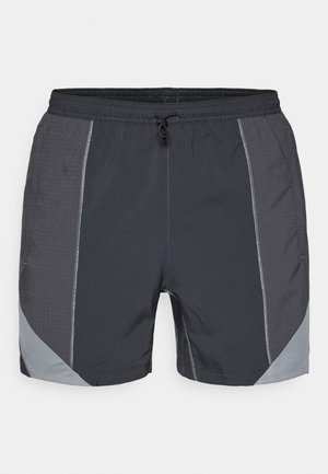 Black athletic shorts with a lightweight design, featuring grey mesh panels and an adjustable drawstring waistband. Smooth texture and breathable.