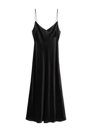 Robe nuisette en satin noir avec fines bretelles spaghetti et décolleté en V, longueur mi-mollet.