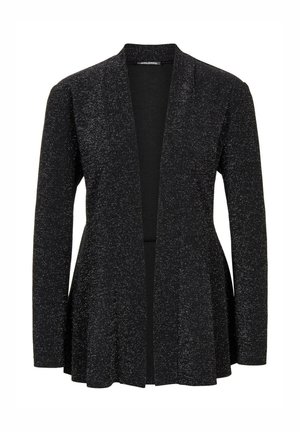 Schwarze offene Strickjacke mit langen Ärmeln, aus einem strukturierten Stoff mit dezenten Glitzerakzenten, der am Saum leicht ausgestellt ist.