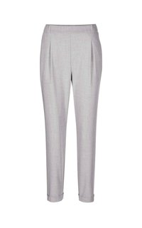 Grijze lichte broek met een geplooide voorkant, een elastische tailleband en boorden aan de onderkant. De stof heeft een subtiele textuur.