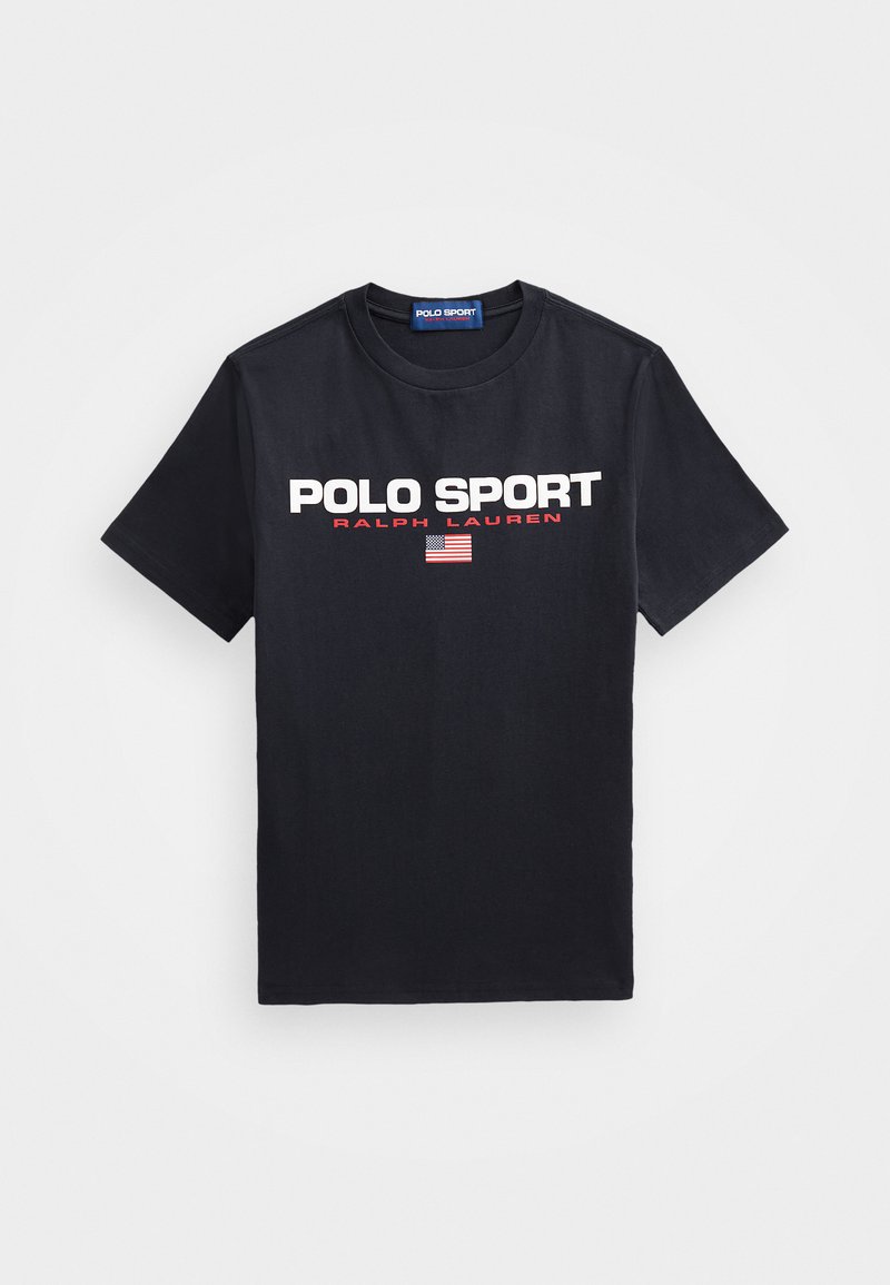 Black cotton t-shirt featuring bold "POLO SPORT" text, "RALPH LAUREN" underneath, and a small American flag graphic. Short sleeves, crew neck.
