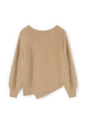 Maglione beige a maglia grossa con vestibilità ampia, maniche larghe e un motivo a trama diagonale. Presenta orlo e polsini a coste.
