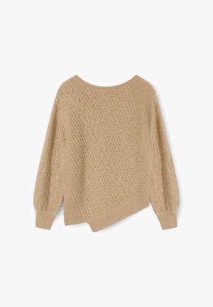 Beżowy sweter o splocie warkoczowym, luźny krój, szerokie rękawy i diagonalny wzór faktury. Posiada ribbowe wykończenia u dołu i mankietów.