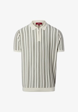 Weißes Polohemd mit kurzen Ärmeln, dünnen vertikalen schwarzen Streifen und einem Reißverschluss vorne unter dem Kragen, Größe M.