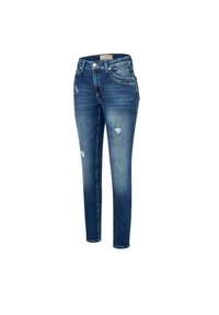 Modré denimové džíny se slim fit, s distressed detaily, nášivkami a klasickým designem pěti kapes.