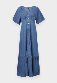 Denim maxi haljina s V-izrezom, kratkim rukavima, prednjim kopčanjem na gumbi i naboranim rubom. Boja: plava. Mekan materijal s nabranim detaljima.