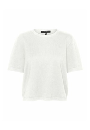 Valge lühikeste varrukatega kampsun ümmarguse kaelusega, valmistatud pehmest ja kergest materjalist. Omab vabalt õhukest istuvust ja peent tekstuuri.