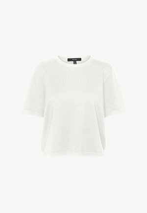 Valge lühikeste varrukatega kampsun ümmarguse kaelusega, valmistatud pehmest ja kergest materjalist. Omab vabalt õhukest istuvust ja peent tekstuuri.