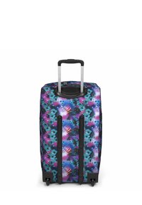 Rolling suitcase with a colorful floral pattern in purple, blue, and black. Features a retractable handle and four wheels for mobility.
