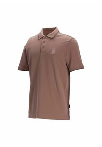 Poloko s krátkym rukávom vo svetlohnedej farbe, vyrobené z mäkkého materiálu. Má golier, tri gombíky a malé logo na hrudi.