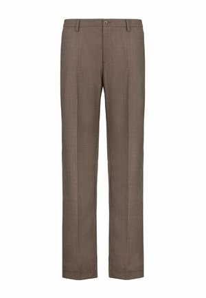 Braune maßgeschneiderte Hosen aus einem strukturierten Stoff. Sie verfügen über einen vorderen Knopfverschluss und ein gerades Bein-Design. Keine sichtbaren Muster oder Akzente.