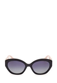 Gafas de sol negras en forma de ojo de gato con lentes degradados, con brazos rosas y detalles en metal plateado. Fabricadas con material plástico duradero.