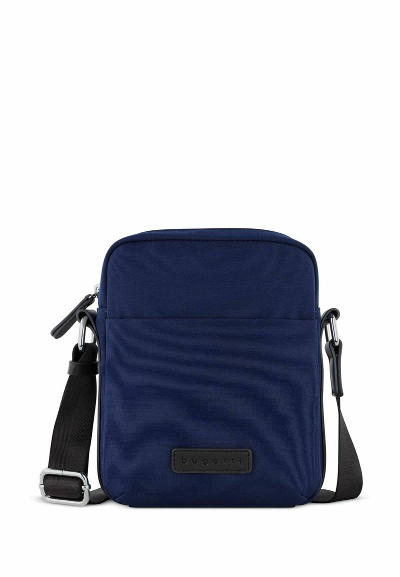 Borsa a tracolla in tessuto blu navy con chiusura a cerniera, tracolla regolabile e tasca frontale; presenta una toppa con logo a rilievo.