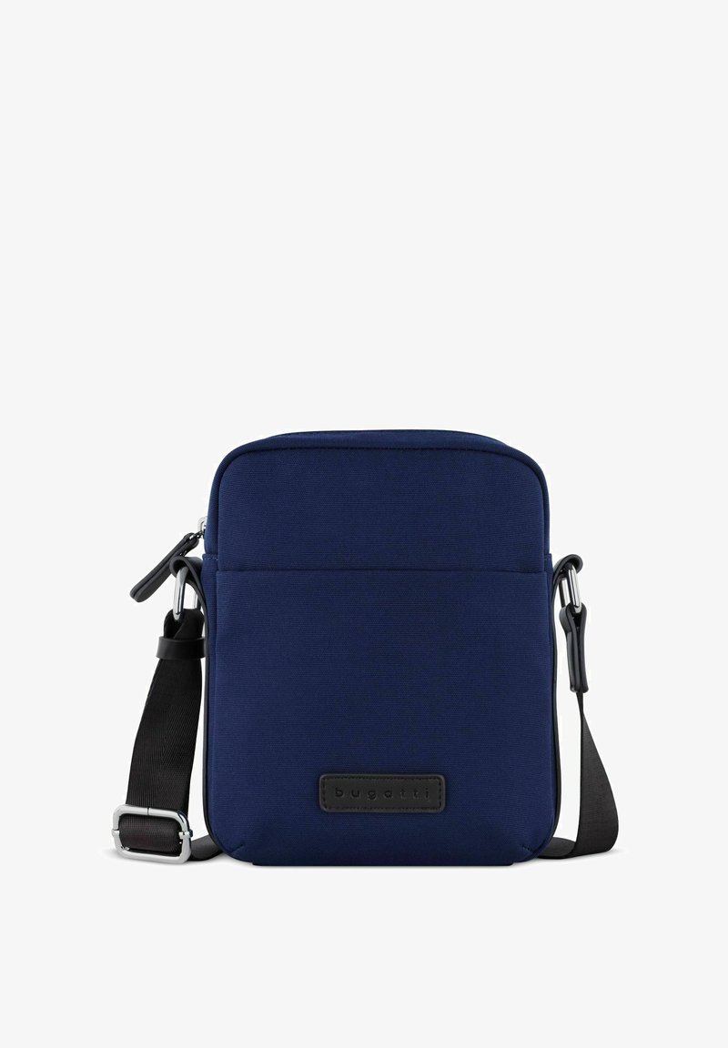 Borsa a tracolla in tessuto blu navy con chiusura a cerniera, tracolla regolabile e tasca frontale; presenta una toppa con logo a rilievo.