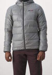 Graue Steppjacke mit Kapuze, ausgestattet mit einem Reißverschluss vorne und elastischen Bündchen. Sie hat ein gesticktes Muster und ein kleines Logo auf der Brust.