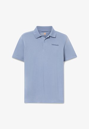 Světle modré polo tričko s krátkými rukávy, límečkem, dvouknoflíkovou légou a malým logem Timberland na levé straně hrudi.