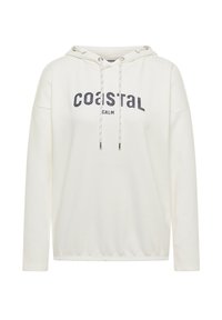 Sweat à capuche blanc avec cordon de serrage, arborant un graphique "COASTAL" en bleu foncé. Le matériau est doux, avec des manches longues et une coupe décontractée.