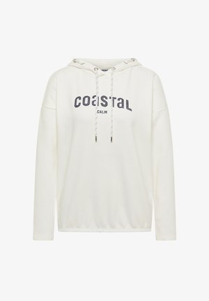 Felpa bianca con cappuccio regolabile da coulisse, con una grafica "COASTAL" in blu scuro. Il tessuto è morbido, con maniche lunghe e una vestibilità comoda.