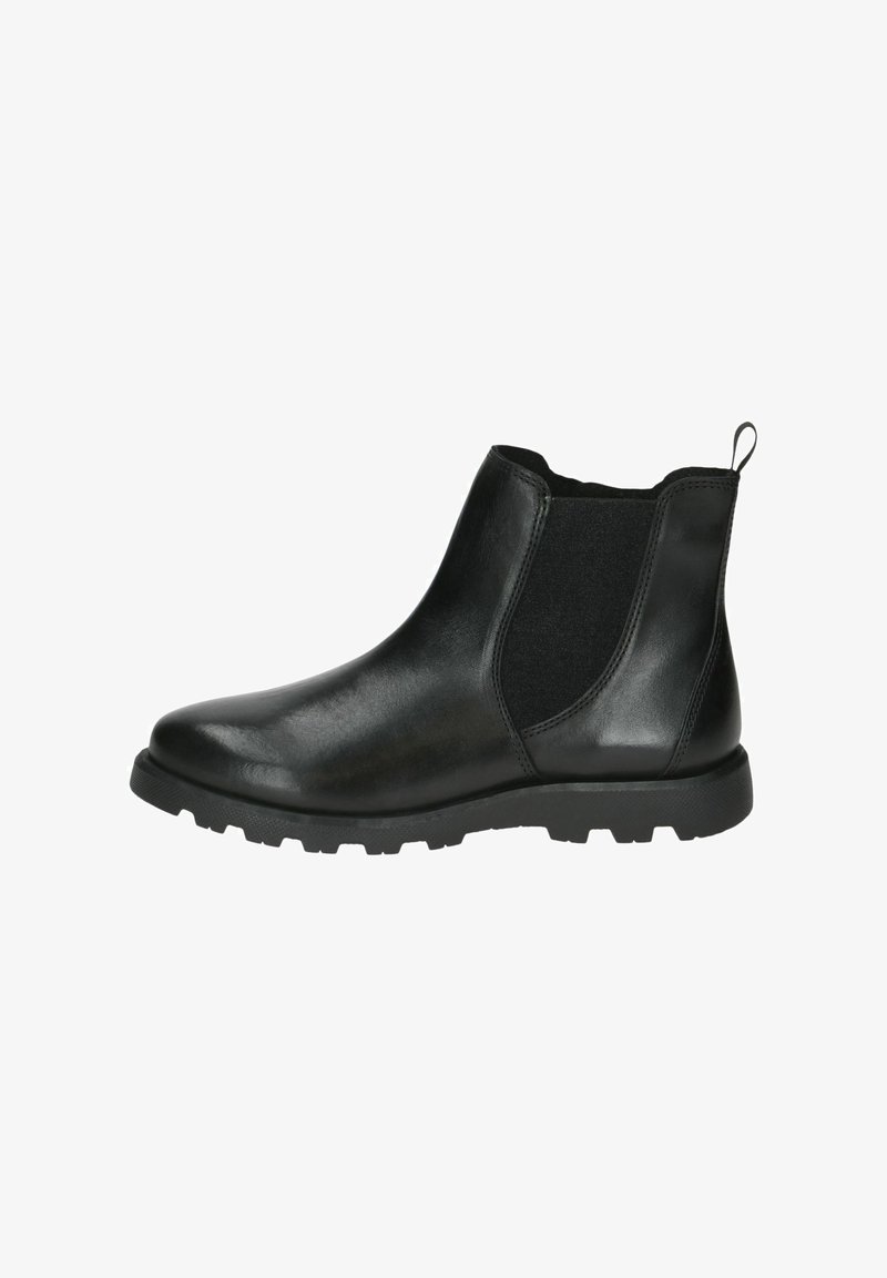 Bottine Chelsea en cuir noir avec panneaux latéraux élastiques, languette au talon et semelle en caoutchouc crantée.
