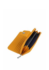 Yellow wallet made of textured material. Features multiple card slots, a zippered compartment, and a snap closure. Interior is dark blue.