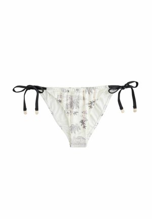 Białe majtki od bikini z czarnymi wiązaniami po bokach i subtelnym wzorem z palmami i plażą.