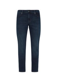 Mörkblå denimjeans med slim fit, femficksdesign och metallbeslag i midjan. Minimalt blekning och inga synliga mönster.