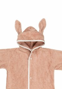 Pink, plush, hooded robe with bunny ears and a white trim. Features a button closure down the front and a soft, textured fabric.