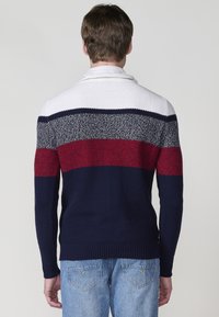 Modelo vistiendo un suéter multicolor con franjas blancas, grises, rojas y azul marino, combinado con jeans de color azul claro, de espaldas a la cámara.