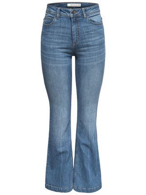 Jeans a zampa d'elefante in denim blu, con vita alta, effetto di sfumatura sottile, design classico a cinque tasche e dettagli di cucitura visibili.