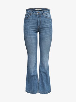 Bredde blå jeans laget av denim, med høy livhøyde, subtilt slitasjeeffekt, klassisk femlomme-design og synlige søm-detaljer.