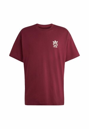 Bordeauxfarbenes T-Shirt mit kurzen Ärmeln und Rundhalsausschnitt, mit einer kleinen weißen Cartoon-Grafik auf der linken Brust.